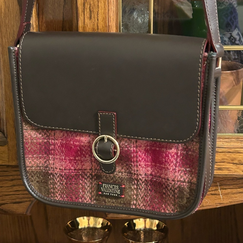 Frances Valentine Plaid Crossbody Bag in Pink and Brown